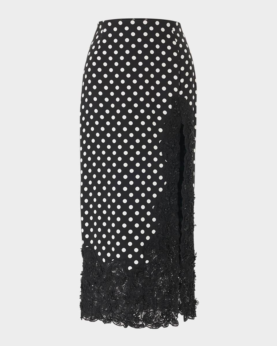 Polka-Dot Lace Slit Midi Skirt